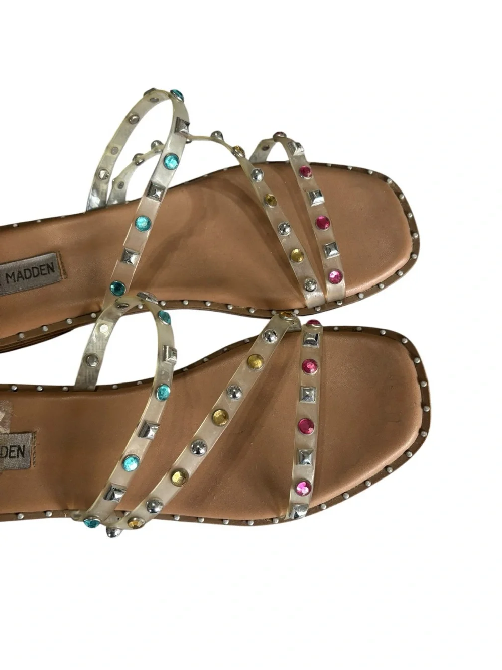 Steve Madden Clear Strap Sandals-Silver Studs & Color Rhinestones I Size:9.5